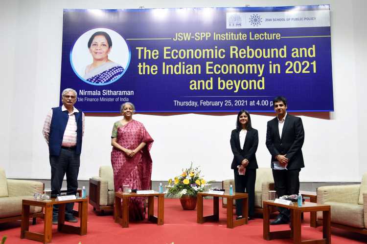 Finance minister Nirmala Sitharaman at a post Budget 2021 interaction with IIA students